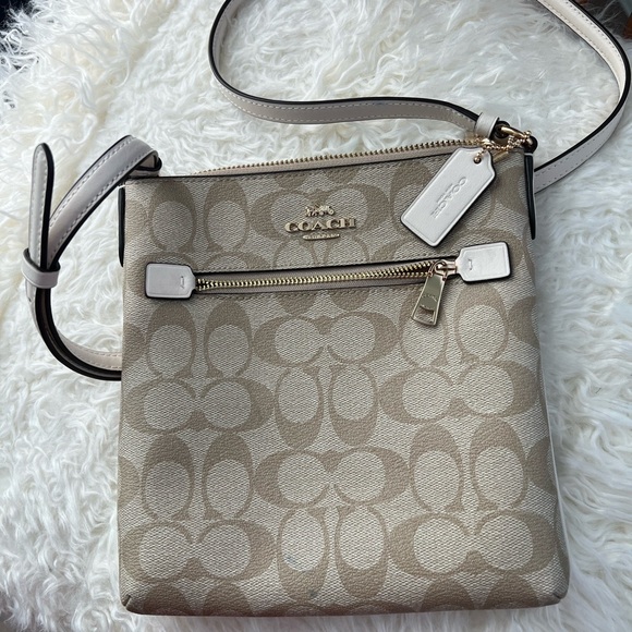 Coach Handbags - Coach Beige Signature Canvas Crossbody with Chalk Trim
